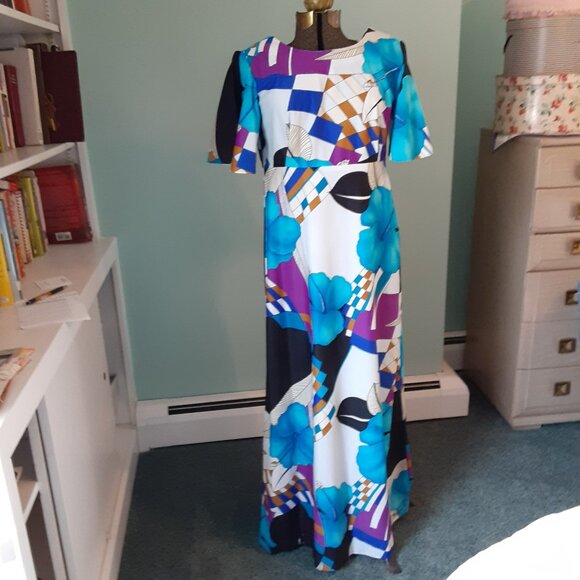 VINTAGE 1970'S HUKILAU FASHIONS HAWAII EMPIRE WAIST MAXI DRESS BOLD PRINT SZ 18 - Picture 1 of 8